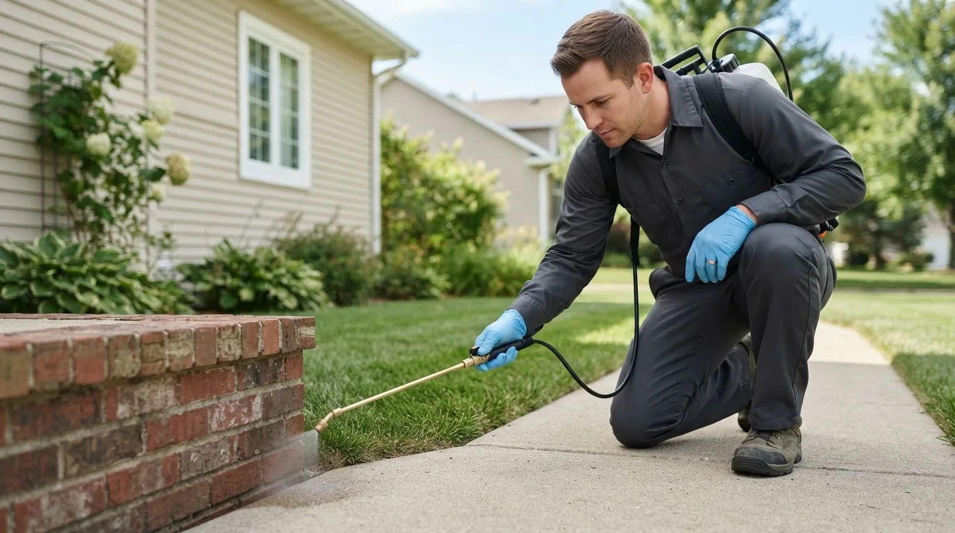 Pest control technician treating a home near Grand Junction, IA